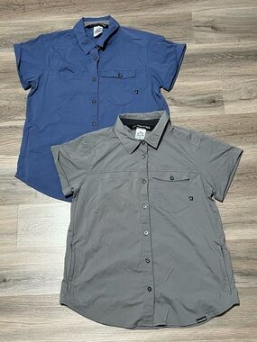 2 Coalatree Women's Large Button Up Switchback Travel Shirt Blue Gray Technical